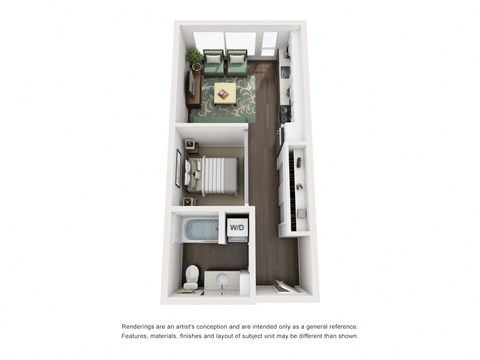 Floor plan for 1 bed, 1 bath, 477 sqft